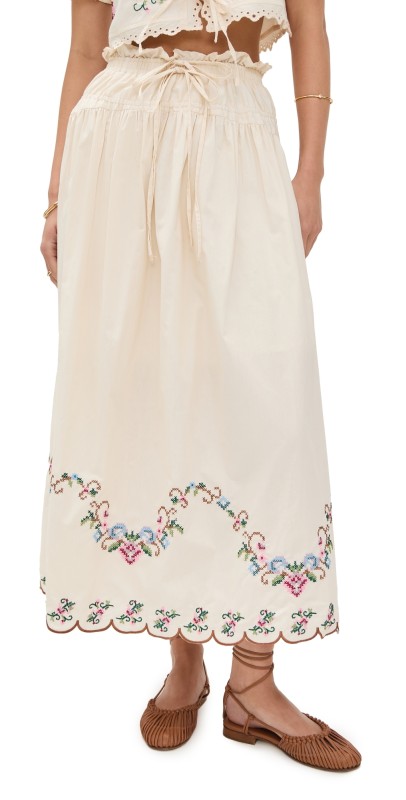 Moon River Eyelet Scallop Hem Midi Skirt Cream Multi
