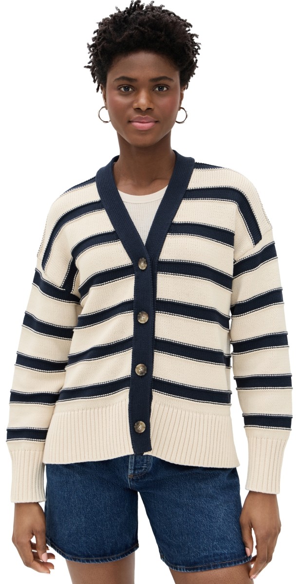 Madewell Oversized Cotton Cardigan in Stripe Cream Navy Stripe