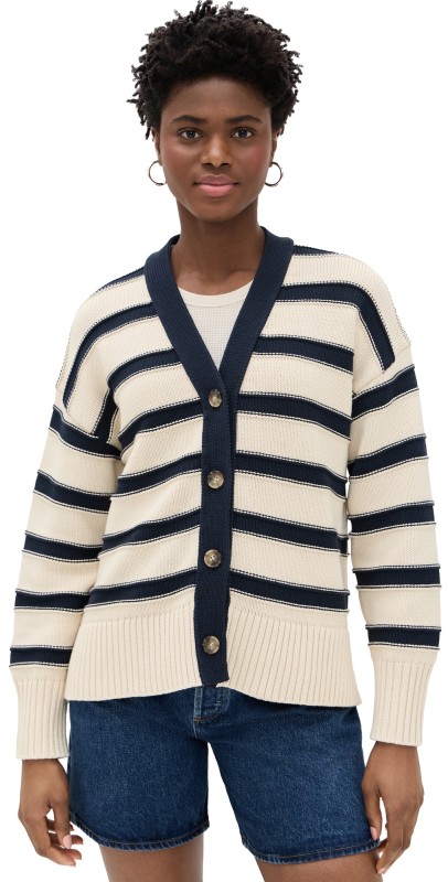 Madewell Oversized Cotton Cardigan in Stripe Cream Navy Stripe