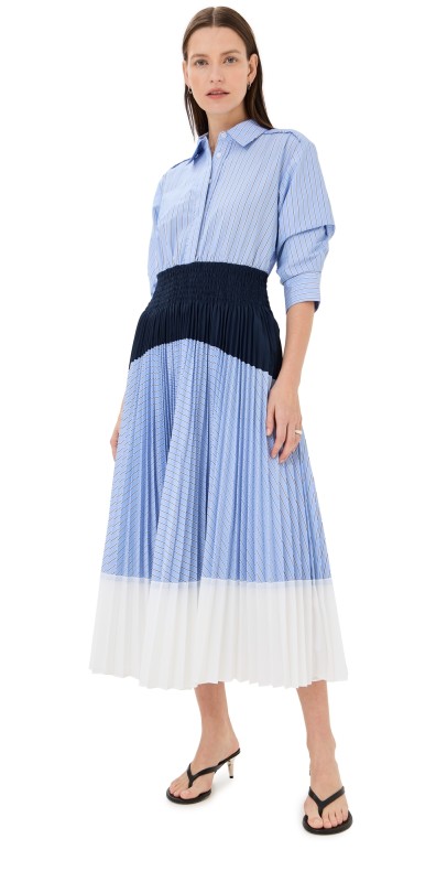 SIMKHAI Jenella Pleated Combo Midi Dress Harbor Blue Stripe