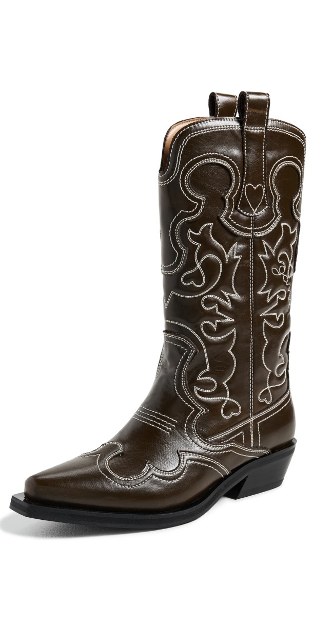 GANNI Mid Shaft Embroidered Western Boots Dark Olive/Egret