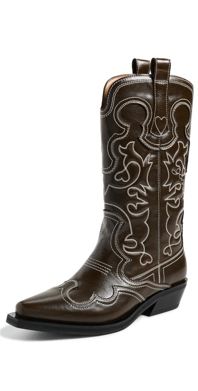 GANNI Mid Shaft Embroidered Western Boots Dark Olive/Egret