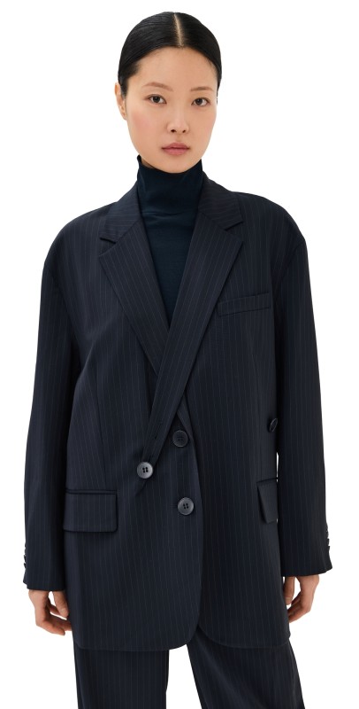 Tibi Dominic Pinstripe Detached Lapel Liam Blazer Navy Multi