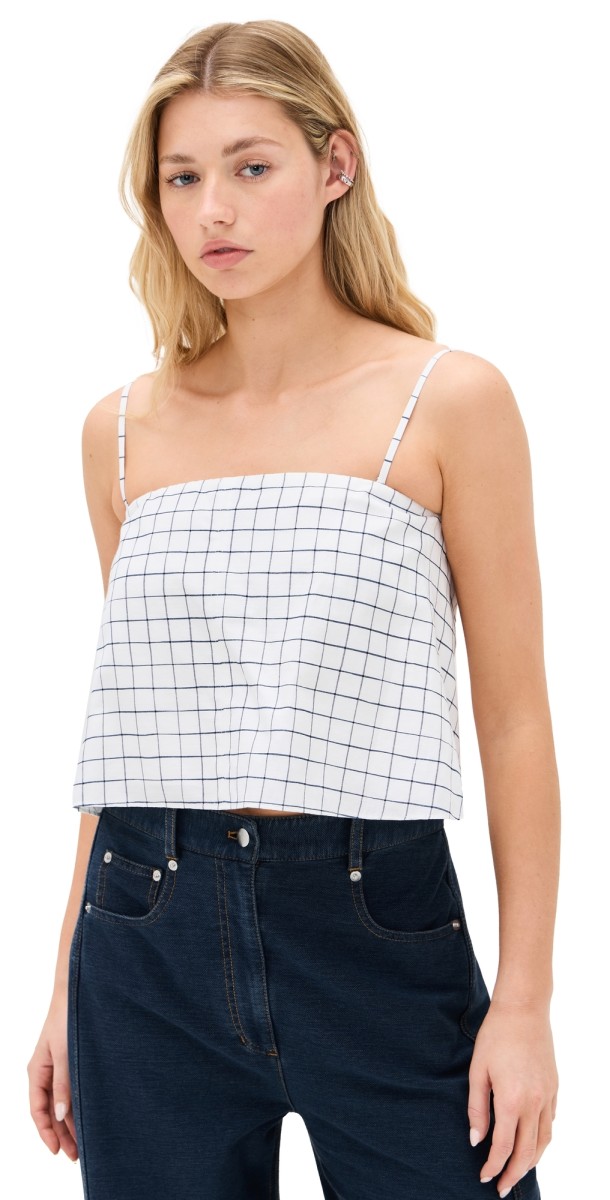 Vince Trellis Plaid Strapless Tie Back Top Off White/Navy
