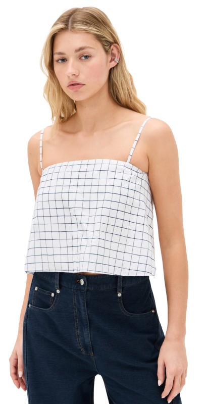 Vince Trellis Plaid Strapless Tie Back Top Off White/Navy