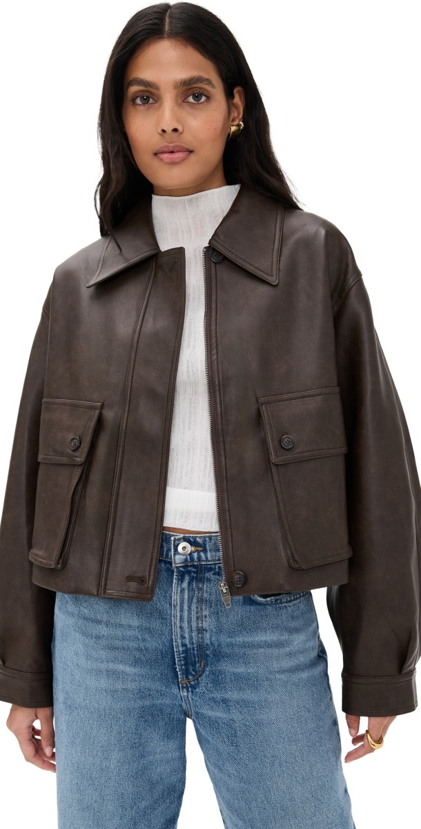 Pixie Market Brown Patch Pocket Faux Leather Jacket Brow