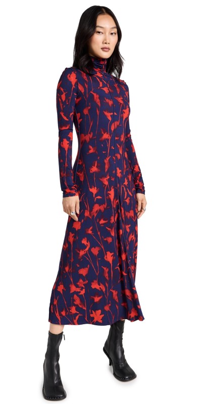 Proenza Schouler White Label Slinky Jersey Turtleneck Dress Indigo/Garnet/Scarlet
