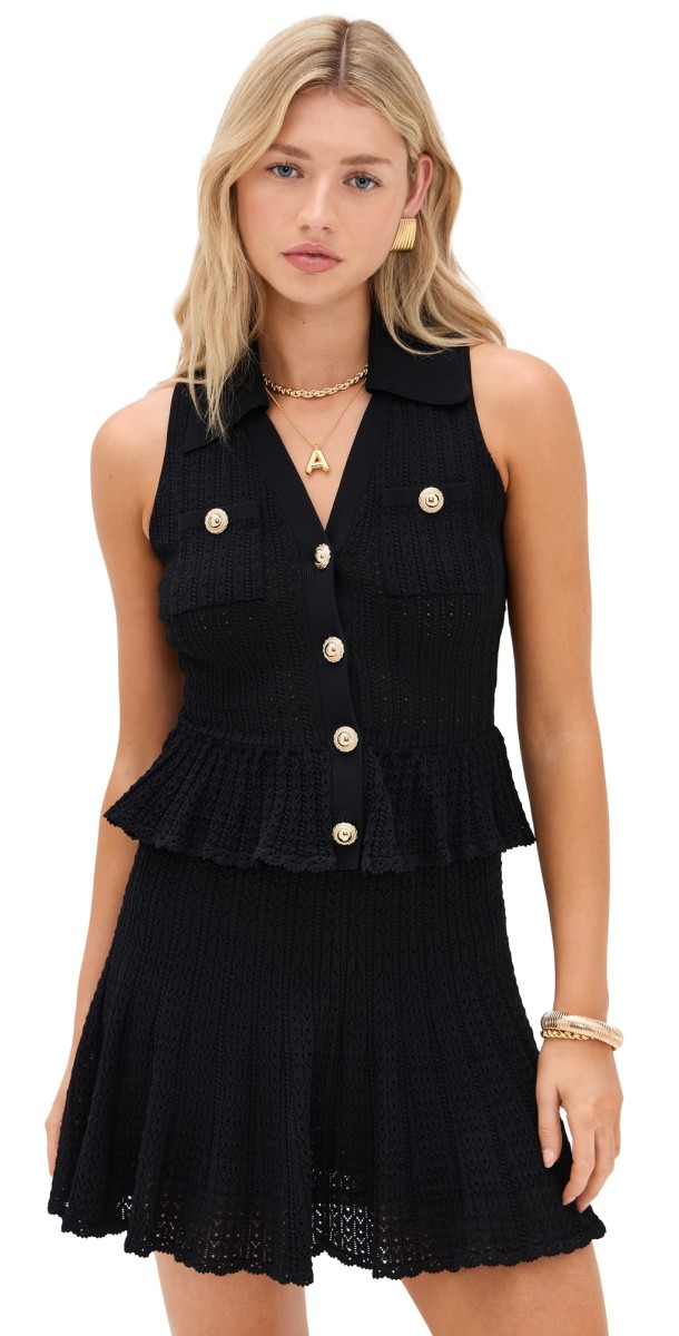 Self Portrait Black Pointelle Knit Mini Dress Black