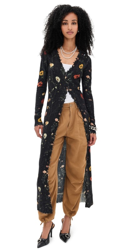 R13 Printed Skinny Long Cardigan Floral On Black