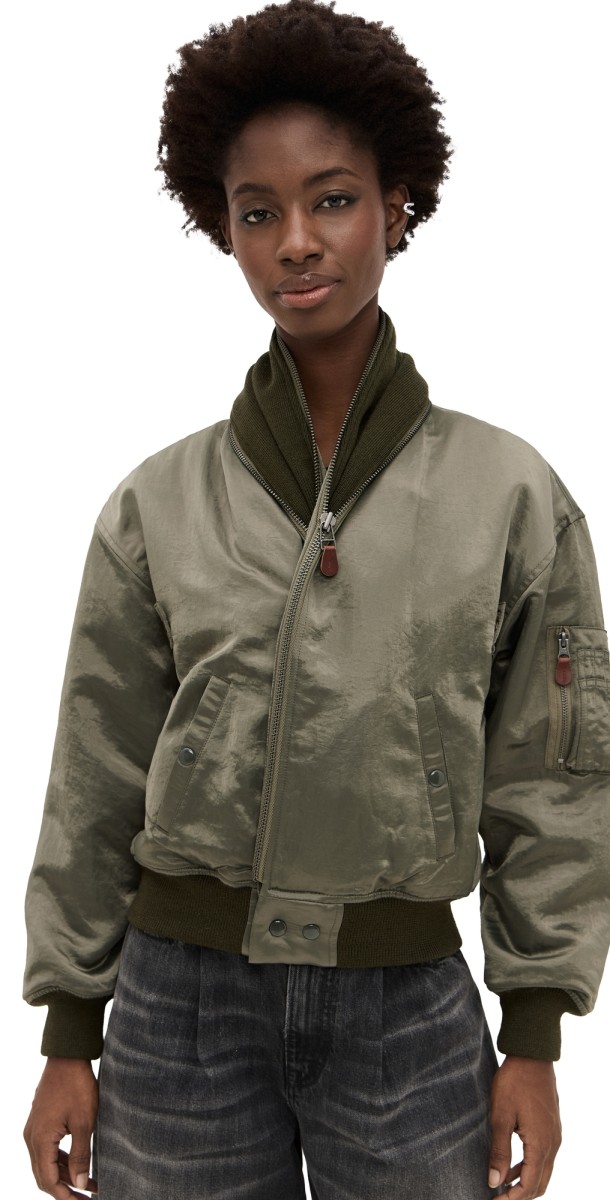 R13 Zip Collar Flight Jacket Olive
