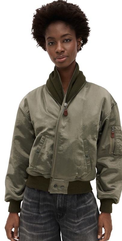 R13 Zip Collar Flight Jacket Olive