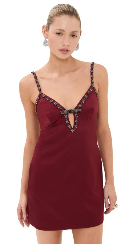 Self Portrait Satin Strappy Mini Dress Burgundy