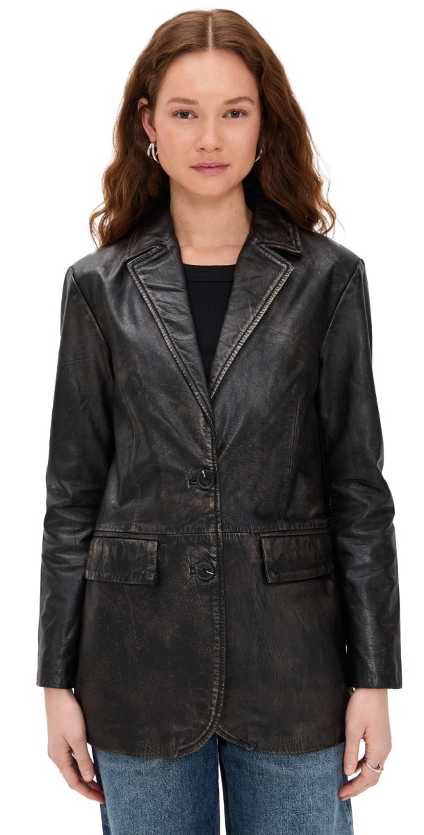 Avec Les Filles Genuine Leather Oversized Blazer Washed Black