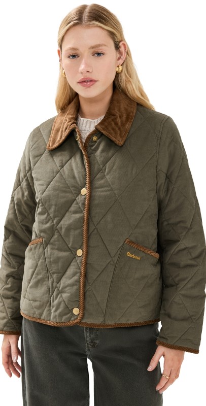 Barbour Emilia Quilted Jacket Deep Olive/Sky Dress Tartan