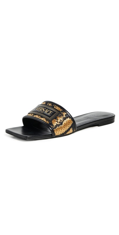 Versace Barocco Raffia Slides 5B000-Black+Gold