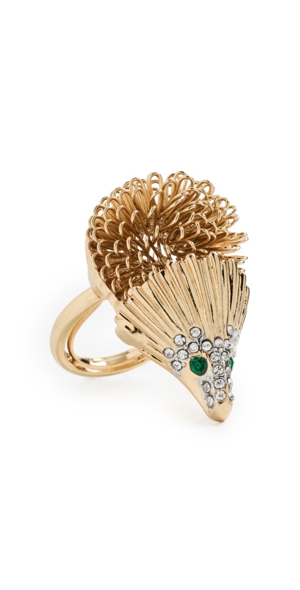 Kenneth Jay Lane Two Toned Rhinestone and Emerald Eyes Hedgehog Ring Gold/Emerald
