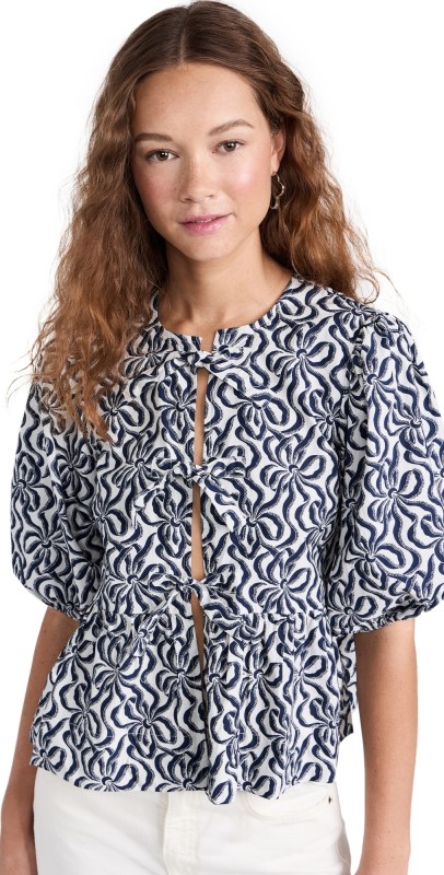 GANNI Printed Cotton Peplum Blouse Egret