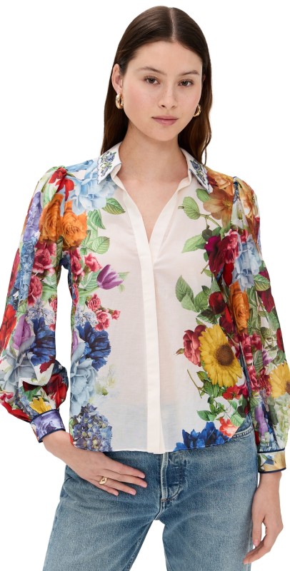 alice + olivia Roanne Button Down Blouse Garden Brunch Off White