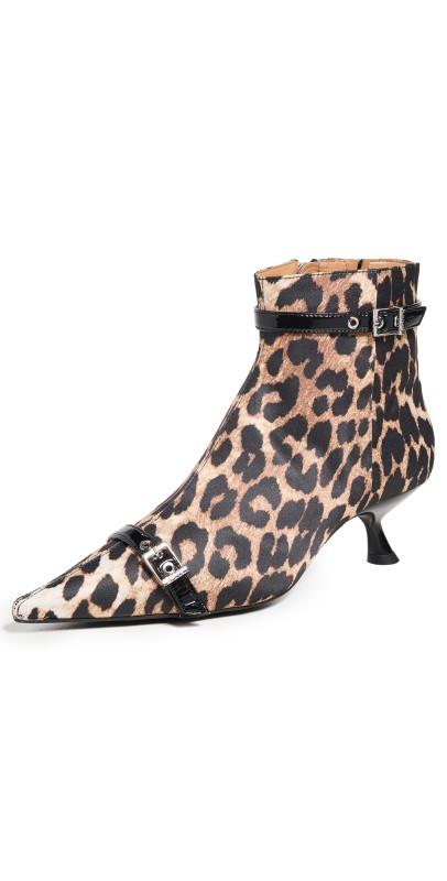 GANNI Eyelets Kitten Heel Satin Print Boots Leopard
