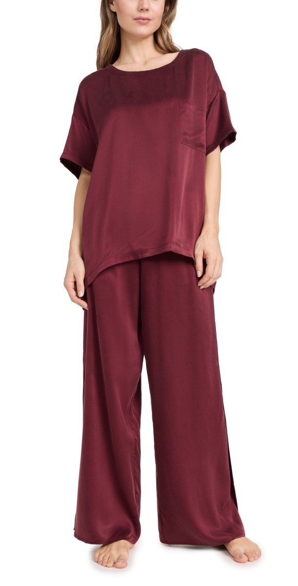 Lunya Washable Silk Tee Pant Set Calliope Wine