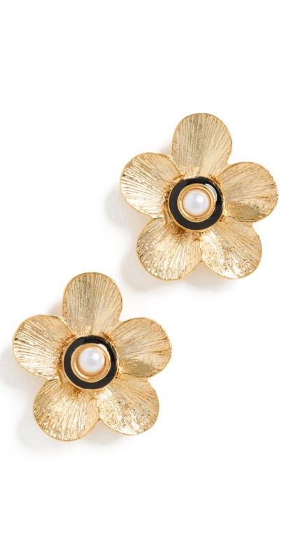 Kenneth Jay Lane Gold Flower Pierced Earrings Pearl