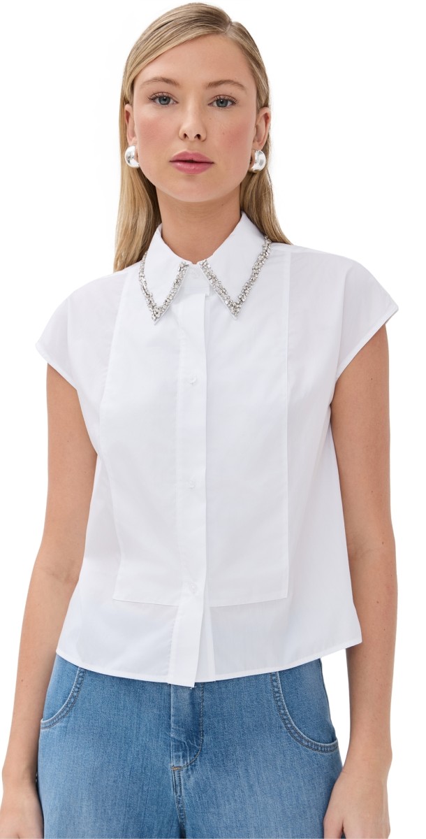 TWP Cap Sleeve Top with Beaded Collar White