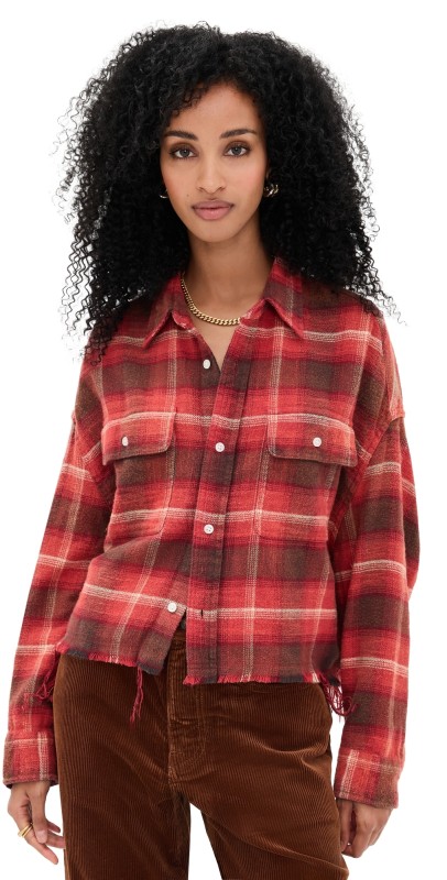R13 Cropped Work Flannel Shirt Red/Black/Cream Plaid