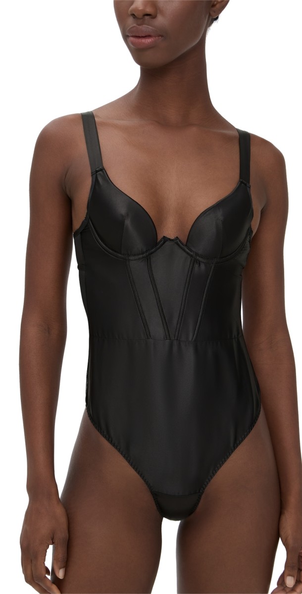 Bluebella Verona Luxury Satin Wired Push-Up Thong Bodysuit Black