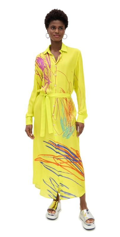 BruceGlen Neon Scribble Double Georgette Maxi Shirt Dress Neon Scribble