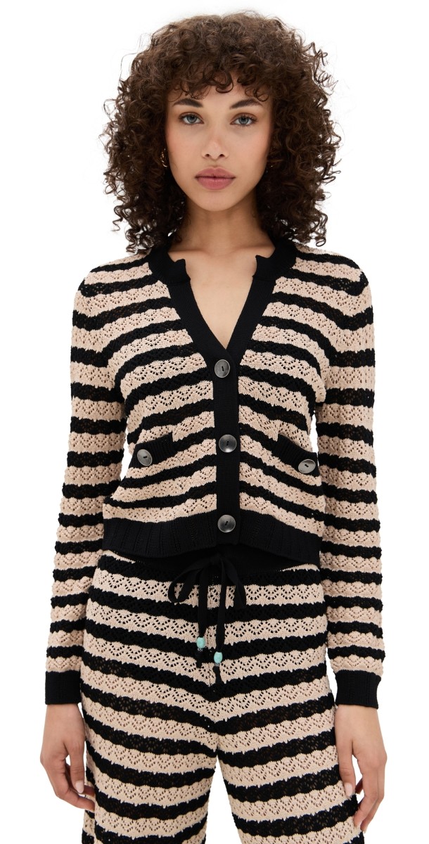 L'AGENCE Orla Pointelle Knit Cardigan Black/Natural Stripe