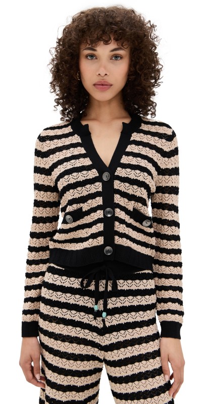 L'AGENCE Orla Pointelle Knit Cardigan Black/Natural Stripe