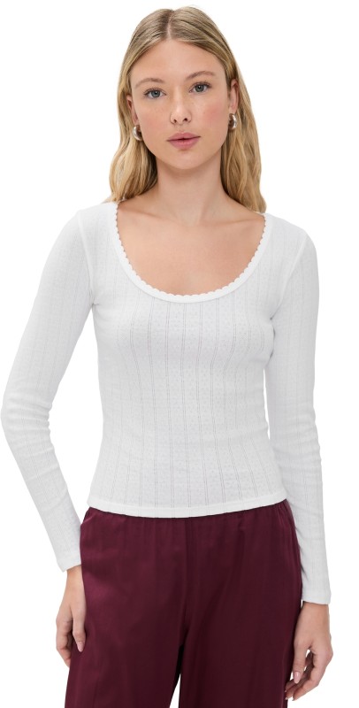 Leset Pointelle Scoop Neck Long Sleeve Shirt White