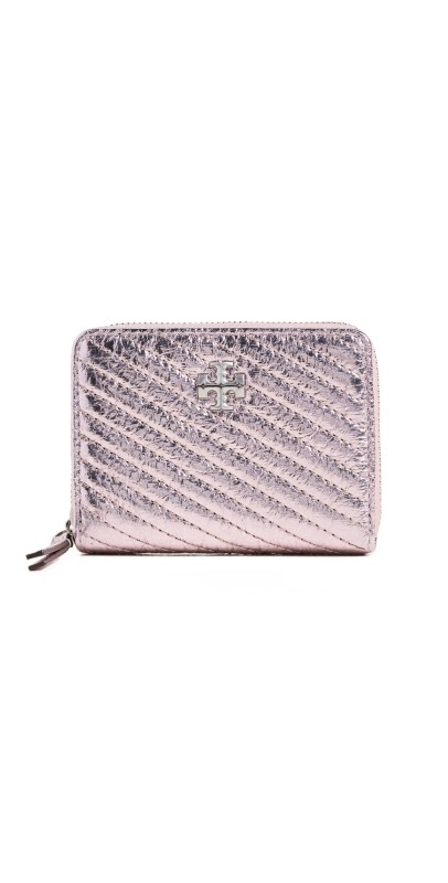 Tory Burch Kira Metallic Moto Quilt Small Zip Around Wallet Sparkle Pink