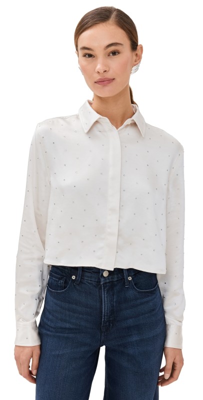 Good American Crystal Cropped Satin Shirt Cloud White001