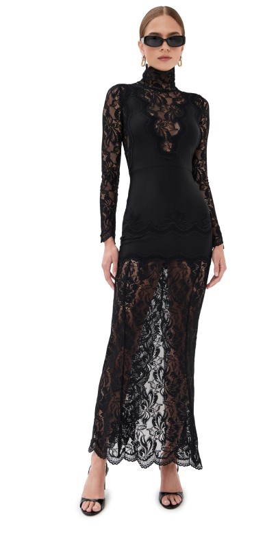 rabanne Long Dress in Lace and Jersey Black
