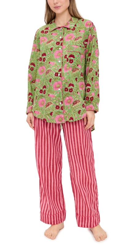 Folkloore Long Pajama Set Green Flower w/ Pink/Red Stripe