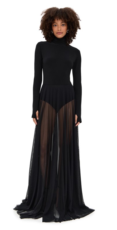 Norma Kamali Long Sleeve Turtleneck Flared Gown Black