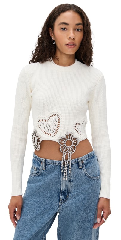 AREA Crystal Crochet Flower Cropped Sweater Off White