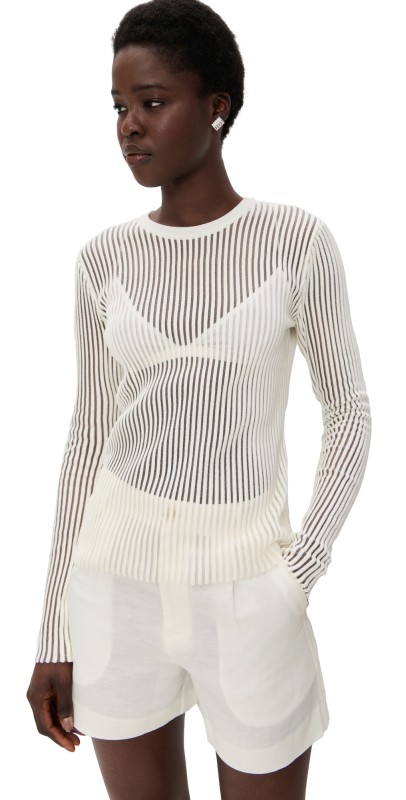 Helmut Lang Sheer Stripe Crew Neck Pullover Ivory