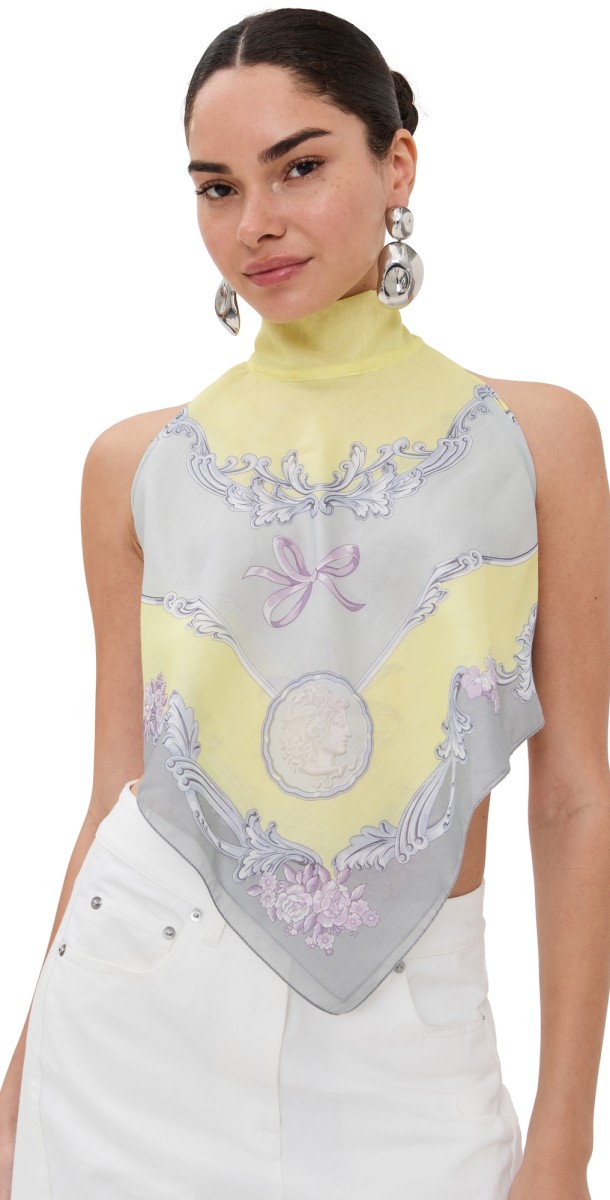 Versace Beachwear Cotton Silk Voile Medusa Cameo Print Top Pale Yellow/Light Grey