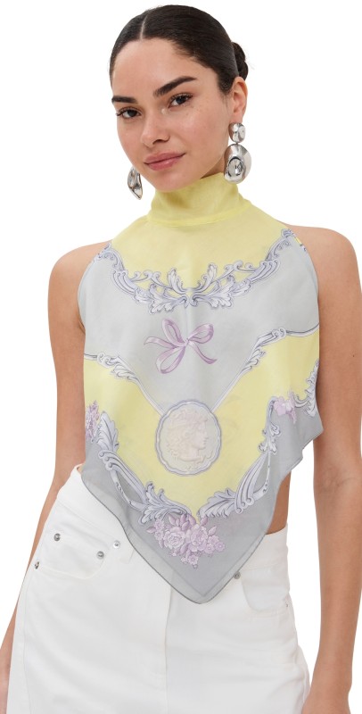 Versace Beachwear Cotton Silk Voile Medusa Cameo Print Top Pale Yellow/Light Grey