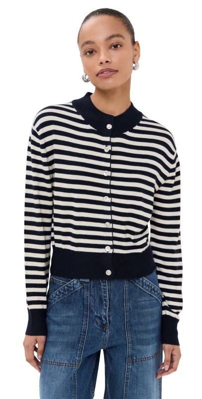 Brandon Maxwell Striped Shrunken Cardigan With Smashed Buttons Navy/Ivory Stripe