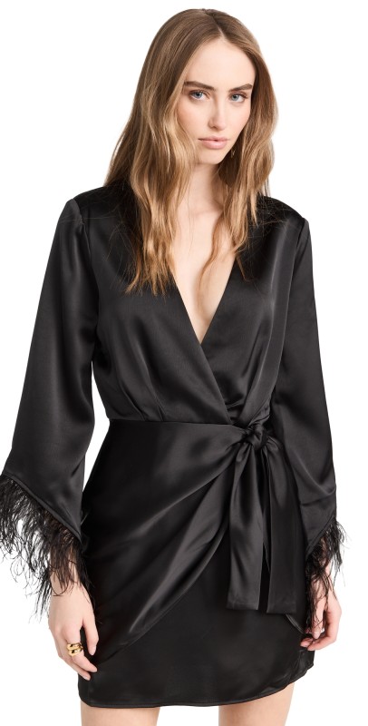 WAYF Feather Trim Wrap Mini Dress Black