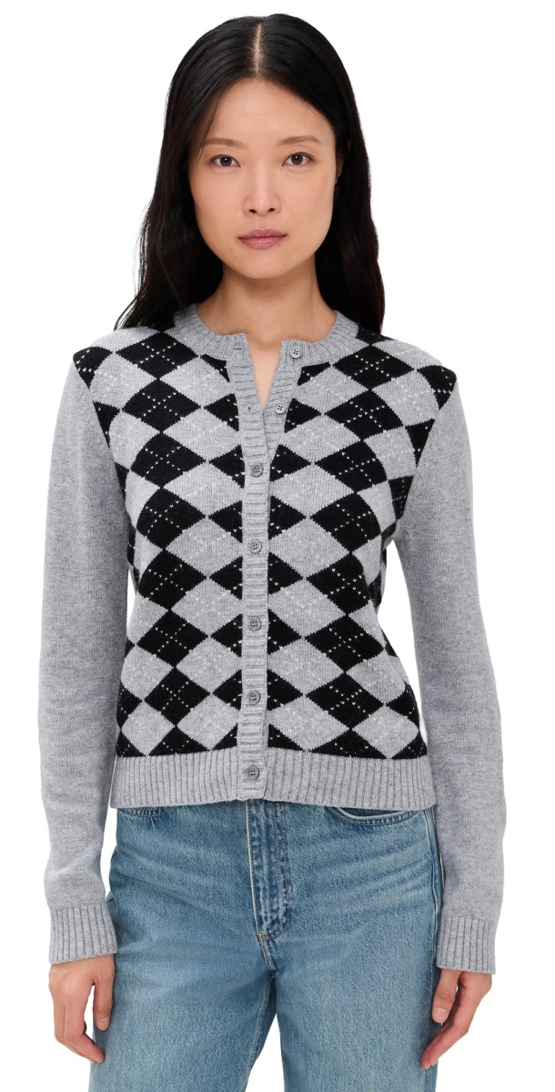 GUIZIO Relaxed Argyle Cardigan Heather Grey