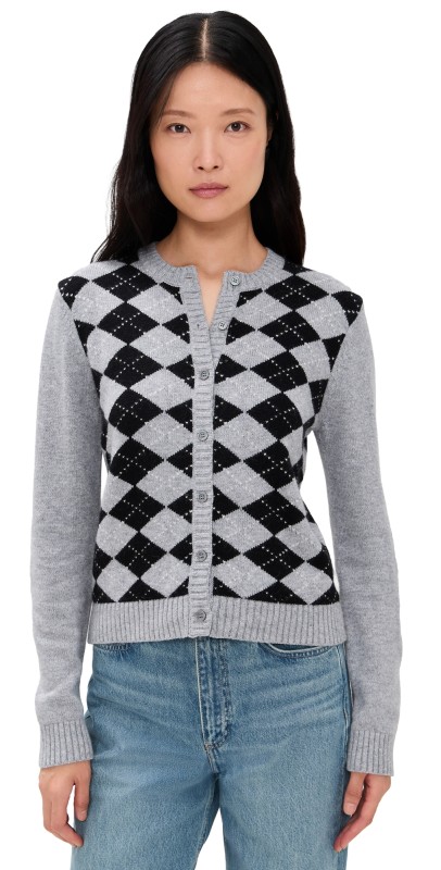 GUIZIO Relaxed Argyle Cardigan Heather Grey