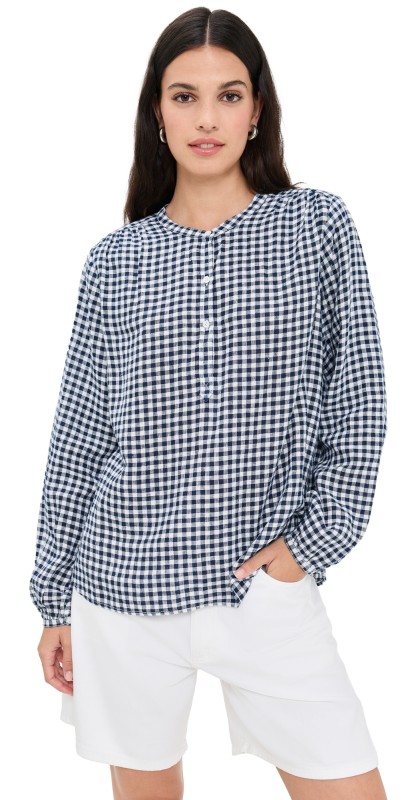Clare V. St. Martin Top Navy/White Linen Gingham