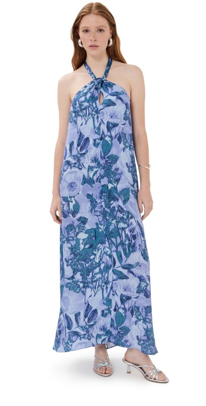 SIMKHAI Ayra Halter Neck Ruched Maxi Dress French Blue Botanical