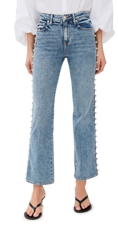 SIMKHAI Amelia High Rise Pearl Embellished Denim Jeans Juno