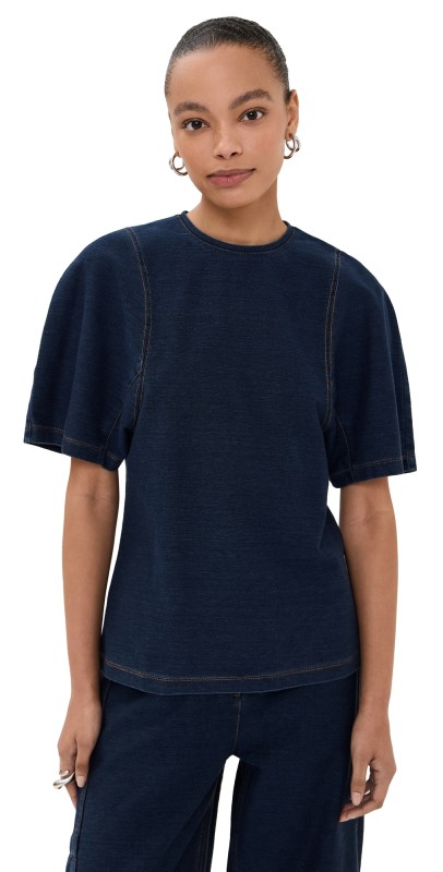 Tibi Indigo Barre Denim Knit Sculpted Shrunken T-Shirt Indigo