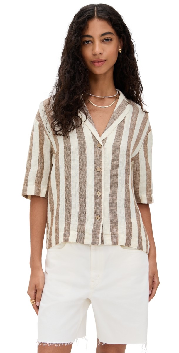 Faherty Palma Linen Camp Shirt Cocoa Beach Stripe